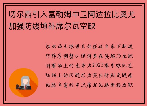 切尔西引入富勒姆中卫阿达拉比奥尤加强防线填补席尔瓦空缺