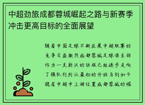 中超劲旅成都蓉城崛起之路与新赛季冲击更高目标的全面展望
